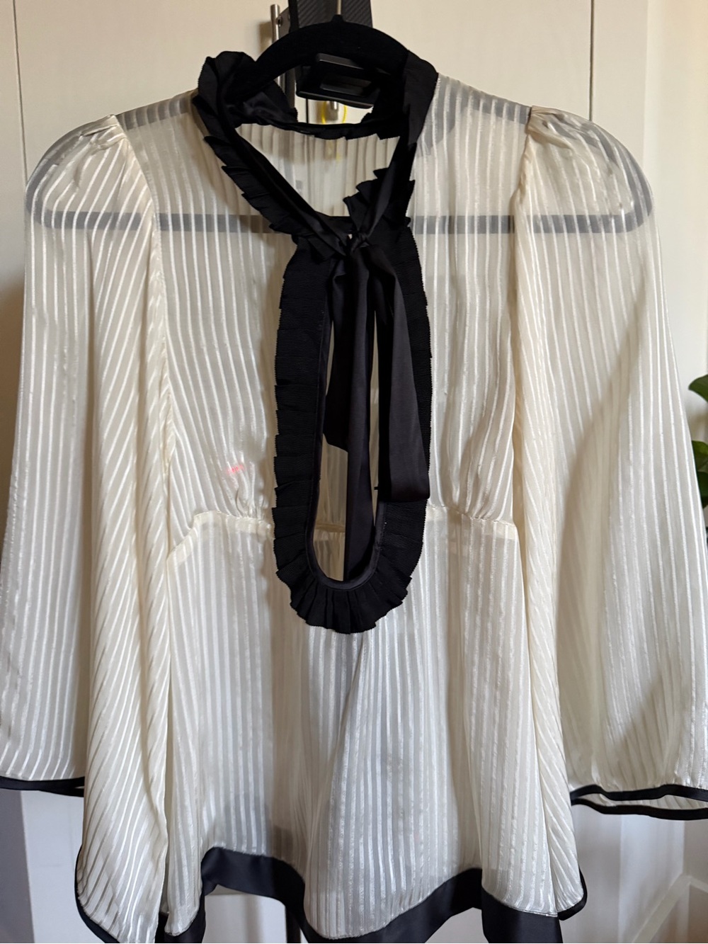 Ivory Stripe, ruffles and Bow Blouse with Black Trim